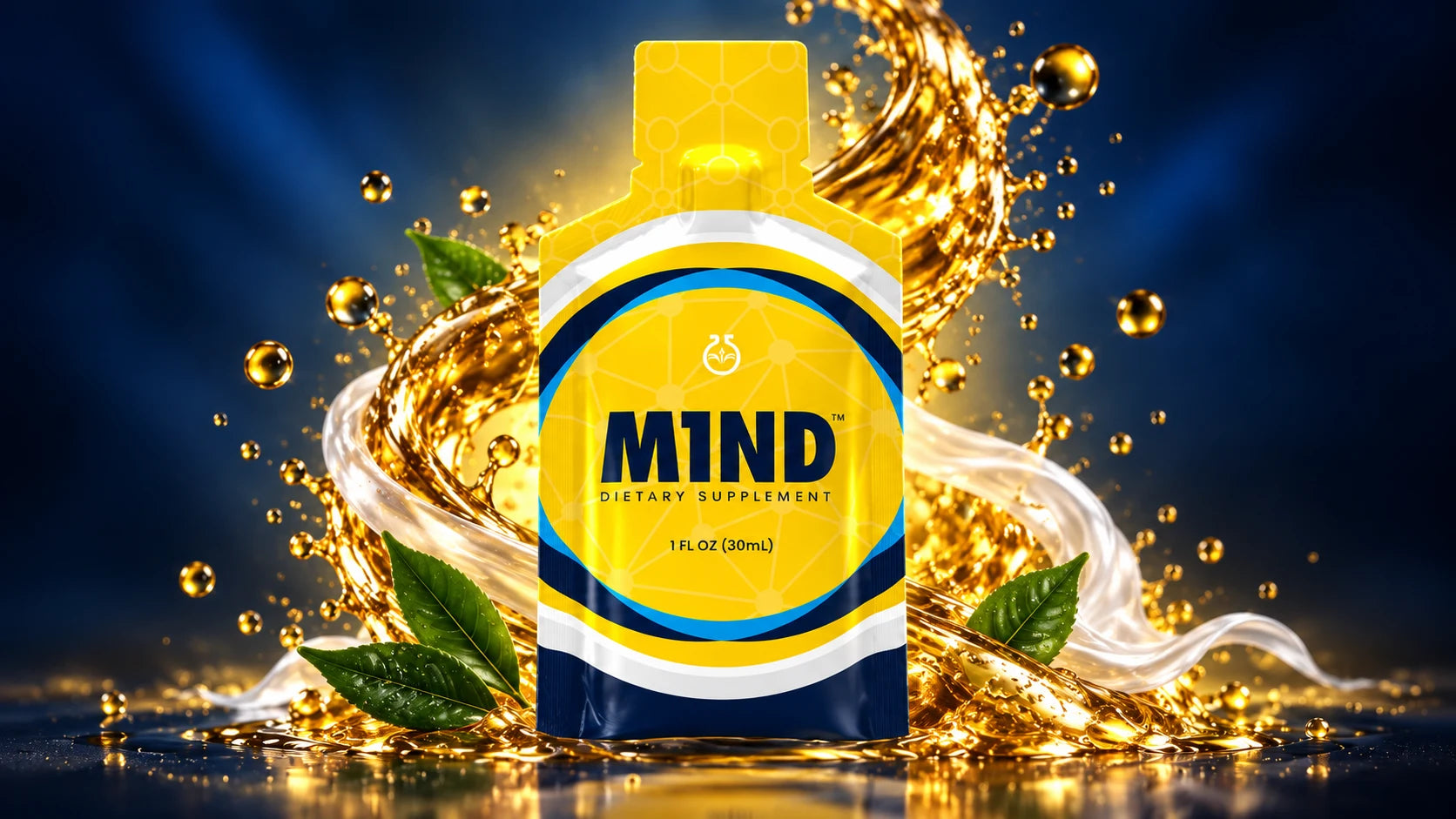 Sobre amarillo de M1ND™ rodeado por un salpicado dorado sobre un fondo azul intenso